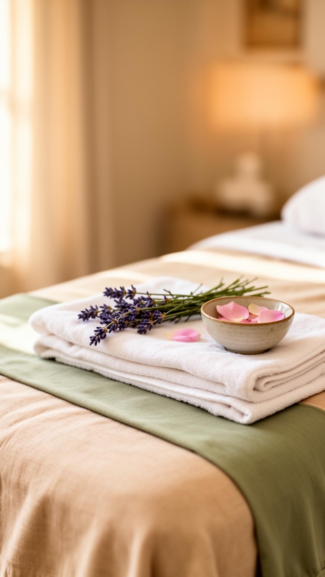 Calm spa setting with linen, lavender and rose petals