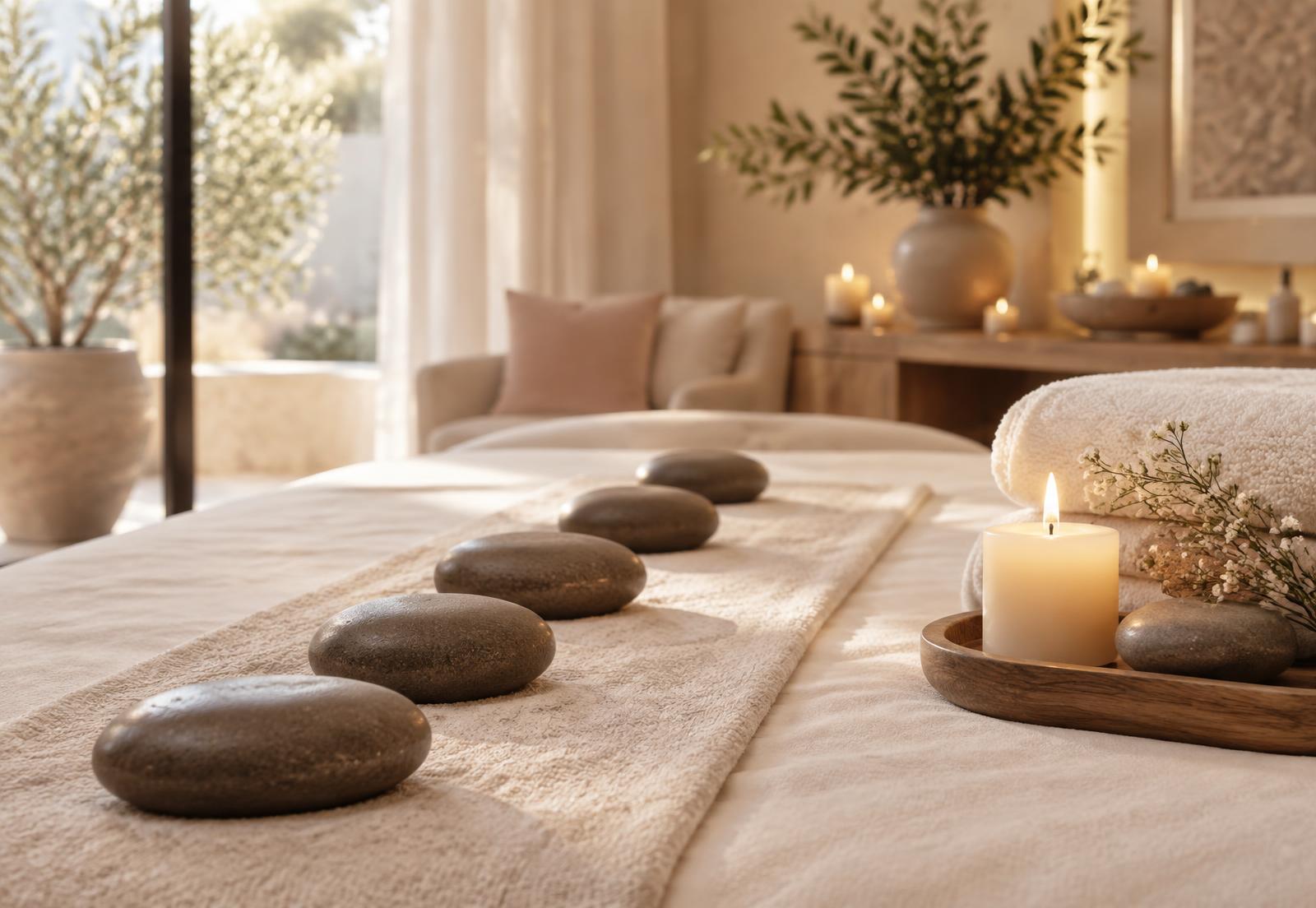 Warm basalt stones lined on soft cream linen on a massage table beside a lit candle